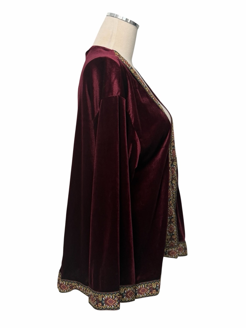 Rusttydustty Boho Embroidered Trim Velvet Open-Front Kimono - Burgundy Sz S SML - Picture 3 of 7